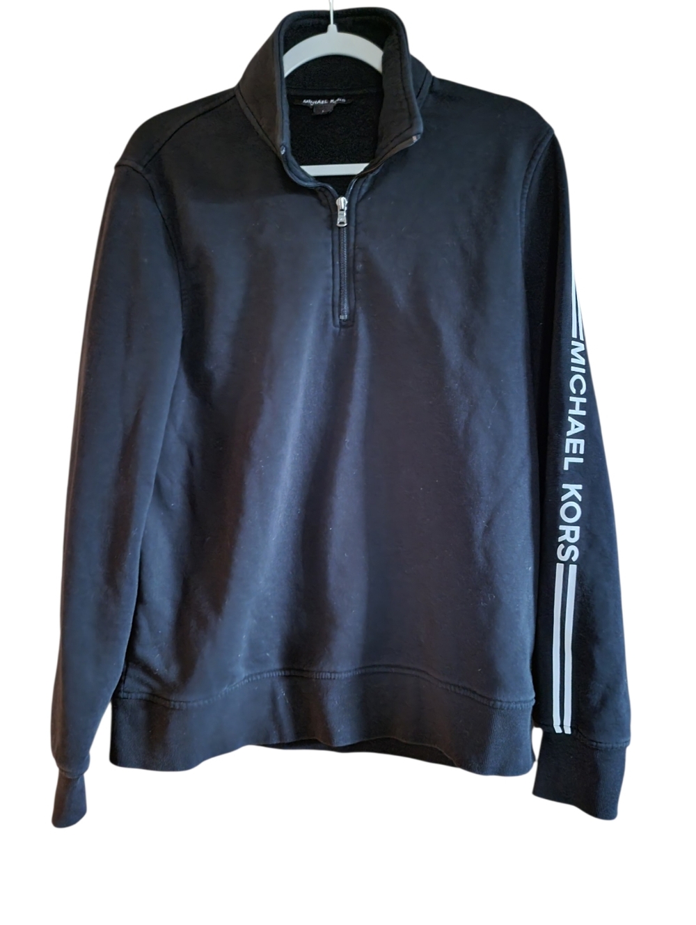 Michael Kors Women's Black Zip-Front Pullover with Logo Sleeve Size Large